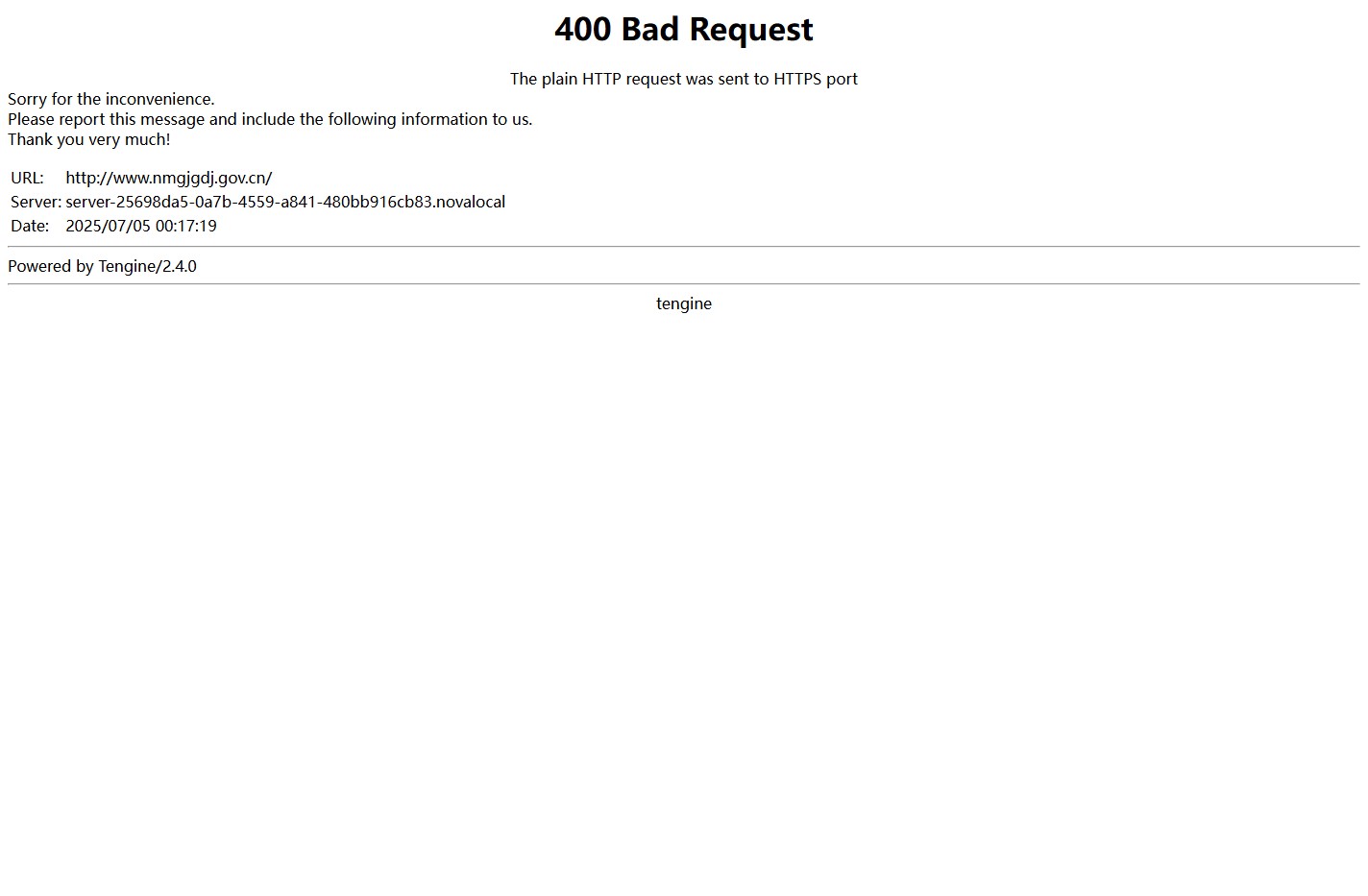 400 The plain HTTP request was sent to HTTPS port